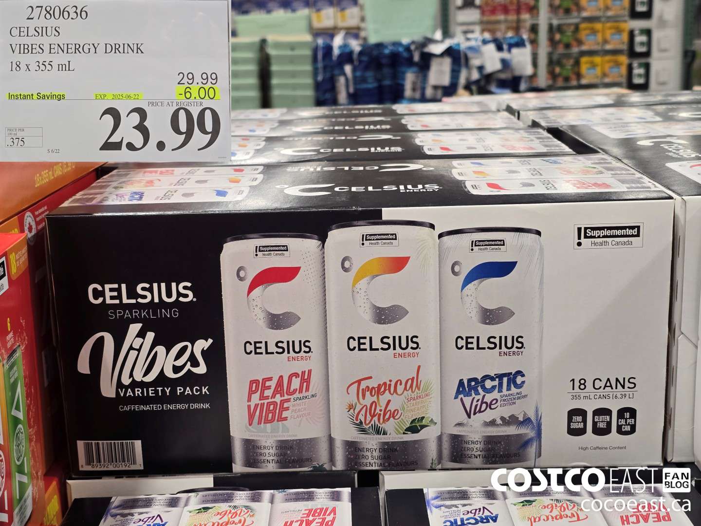 2780636 CELSIUS VIBES ENERGY DRINK 18 X 355 ML ($6.00 INSTANT SAVINGS EXPIRES ON 2025-06-22) $23.99