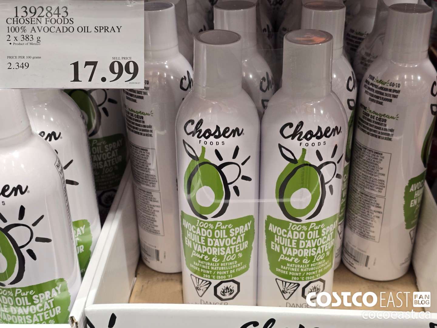 1392843 CHOSEN FOODS 100% AVOCADO OIL SPRAY 2 x 383 G $17.99
