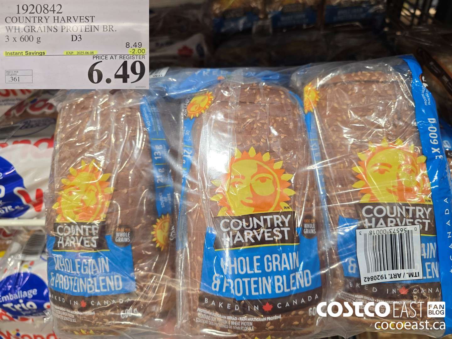 1920842 COUNTRY HARVEST WH.GRAINS PROTEIN BR. 3 X 600 G ($2.00 INSTANT SAVINGS EXPIRES ON 2025-06-08) $6.49