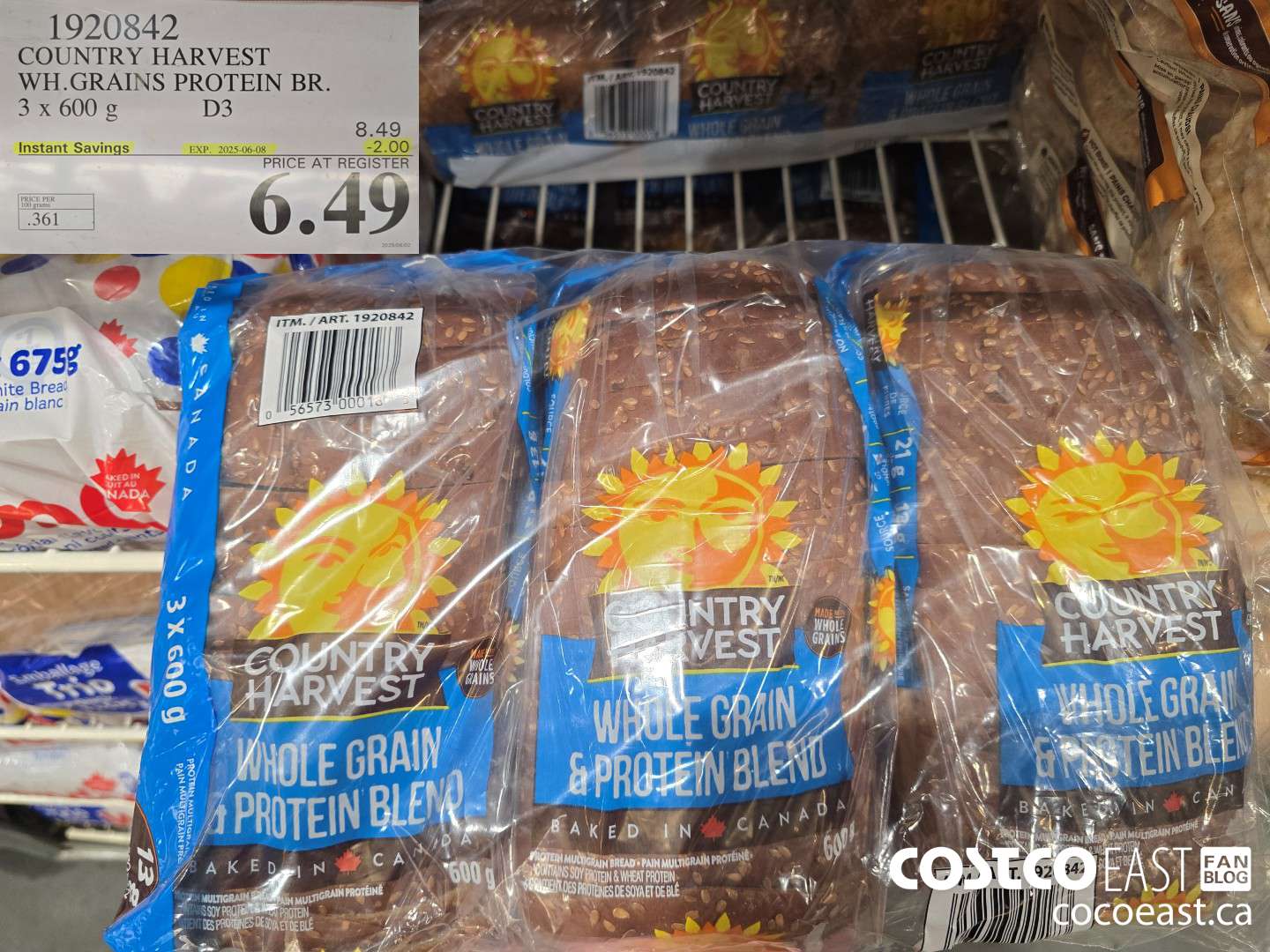 1920842 COUNTRY HARVEST WH.GRAINS PROTEIN BR. 3 X 600 G ($2.00 INSTANT SAVINGS EXPIRES ON 2025-06-08) $6.49