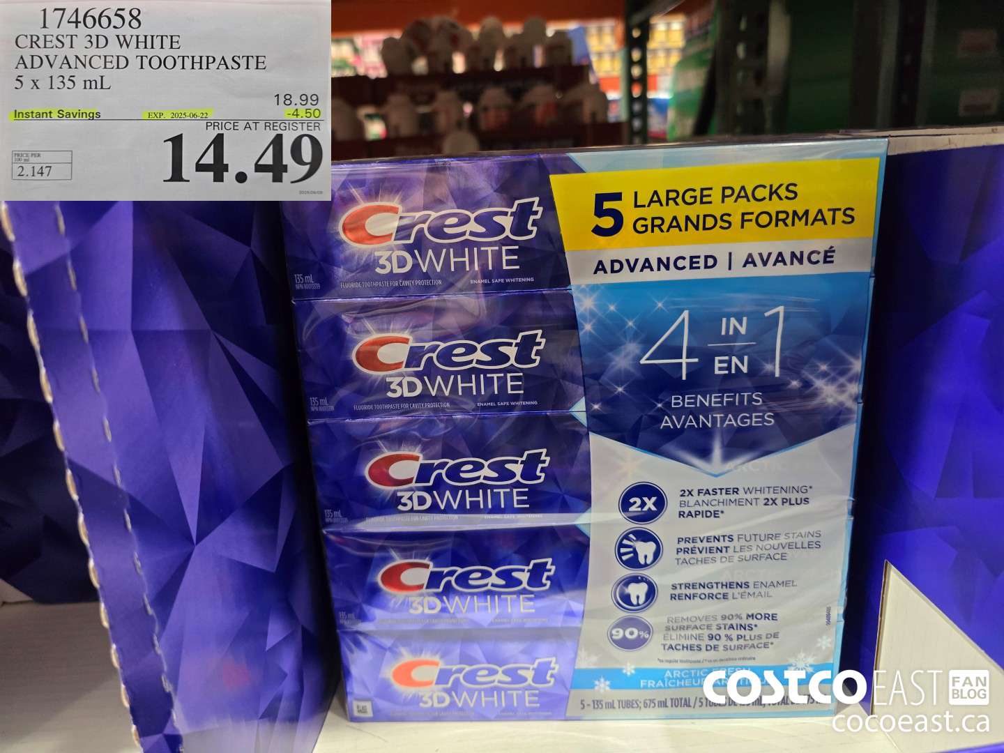 1746658 CREST 3D WHITE ADVANCED TOOTHPASTE 5 X 135 ML ($4.50 INSTANT SAVINGS EXPIRES ON 2025-06-22) $14.49
