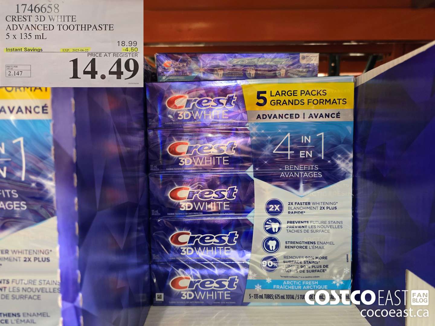 1746658 CREST 3D WHITE ADVANCED TOOTHPASTE 5 X 135 ML ($4.50 INSTANT SAVINGS EXPIRES ON 2025-06-22) $14.49