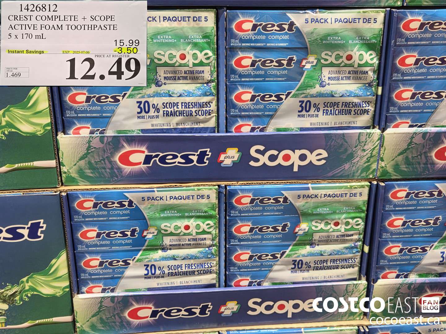 1426812 CREST COMPLETE + SCOPE ACTIVE FOAM TOOTHPASTE 5 X 170 ML ($3.50 INSTANT SAVINGS EXPIRES ON 2025-07-06) $12.49