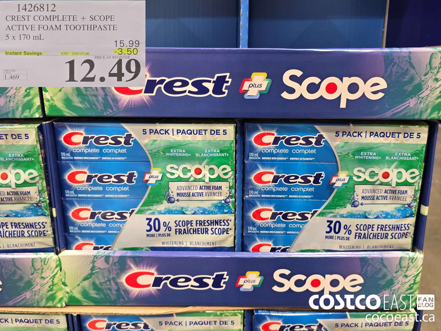 1426812 CREST COMPLETE + SCOPE ACTIVE FOAM TOOTHPASTE 5 X 170 ML ($3.50 INSTANT SAVINGS EXPIRES ON 2025-07-06) $12.49