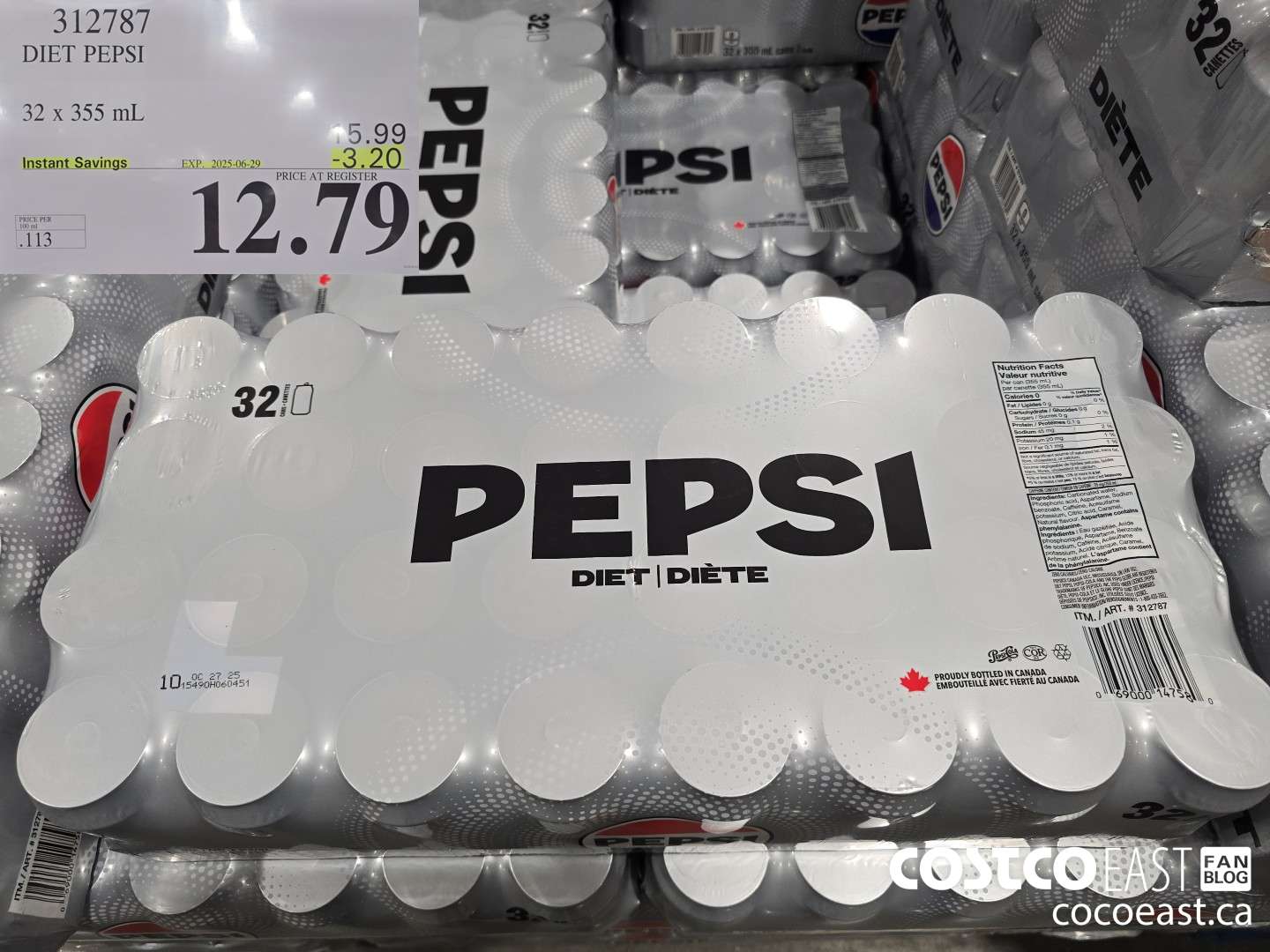 312787 DIET PEPSI 32 X 355 ML ($3.20 INSTANT SAVINGS EXPIRES ON 2025-06-29) $12.79