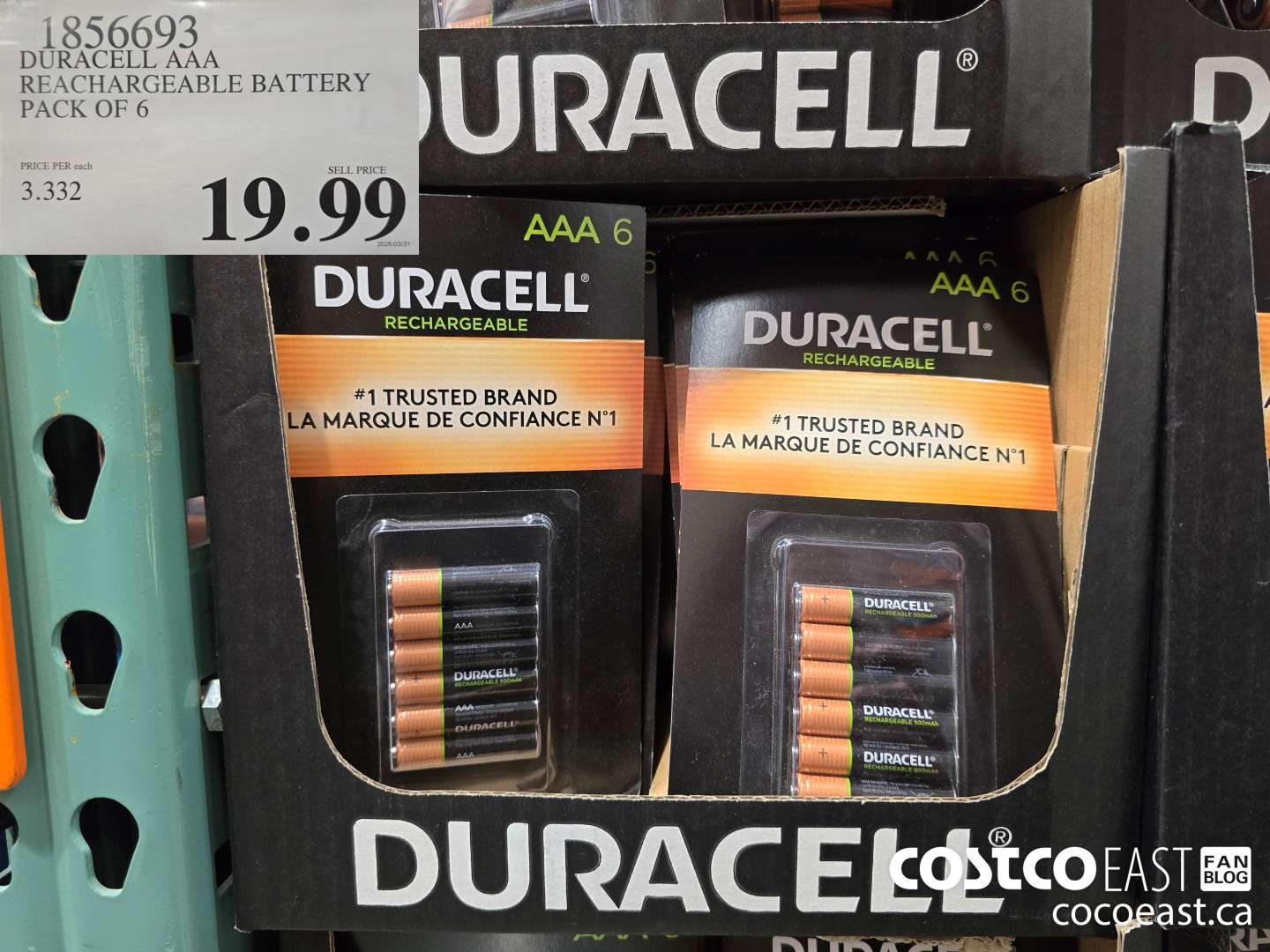 1856693 DURACELL AAA RECHARGEABLE BATTERY PACK OF 6 $19.99