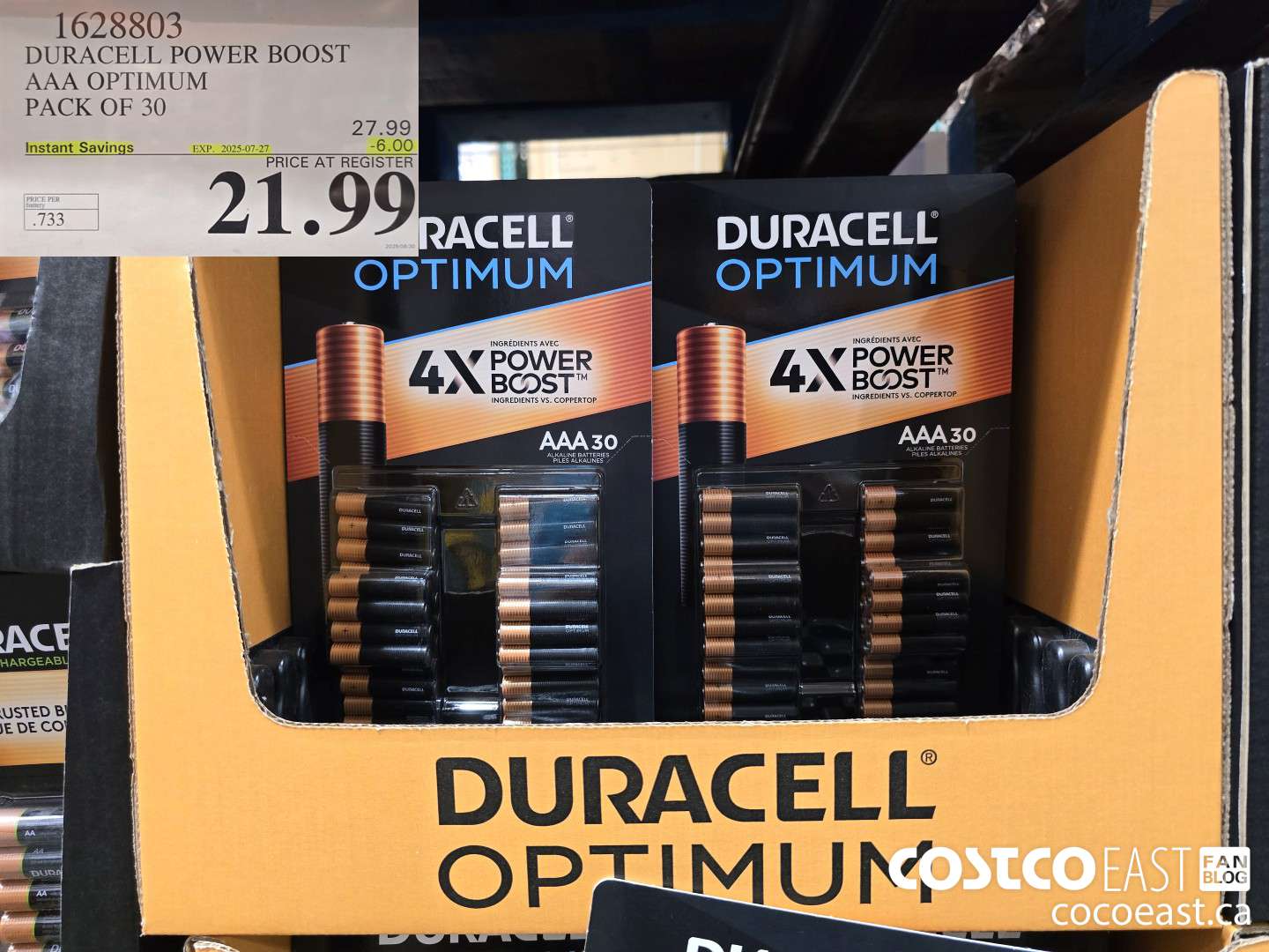 1628803 DURACELL POWER BOOST AAA OPTIMUM PACK OF 30 ($6.00 INSTANT SAVINGS EXPIRES ON 2025-07-27) $21.99