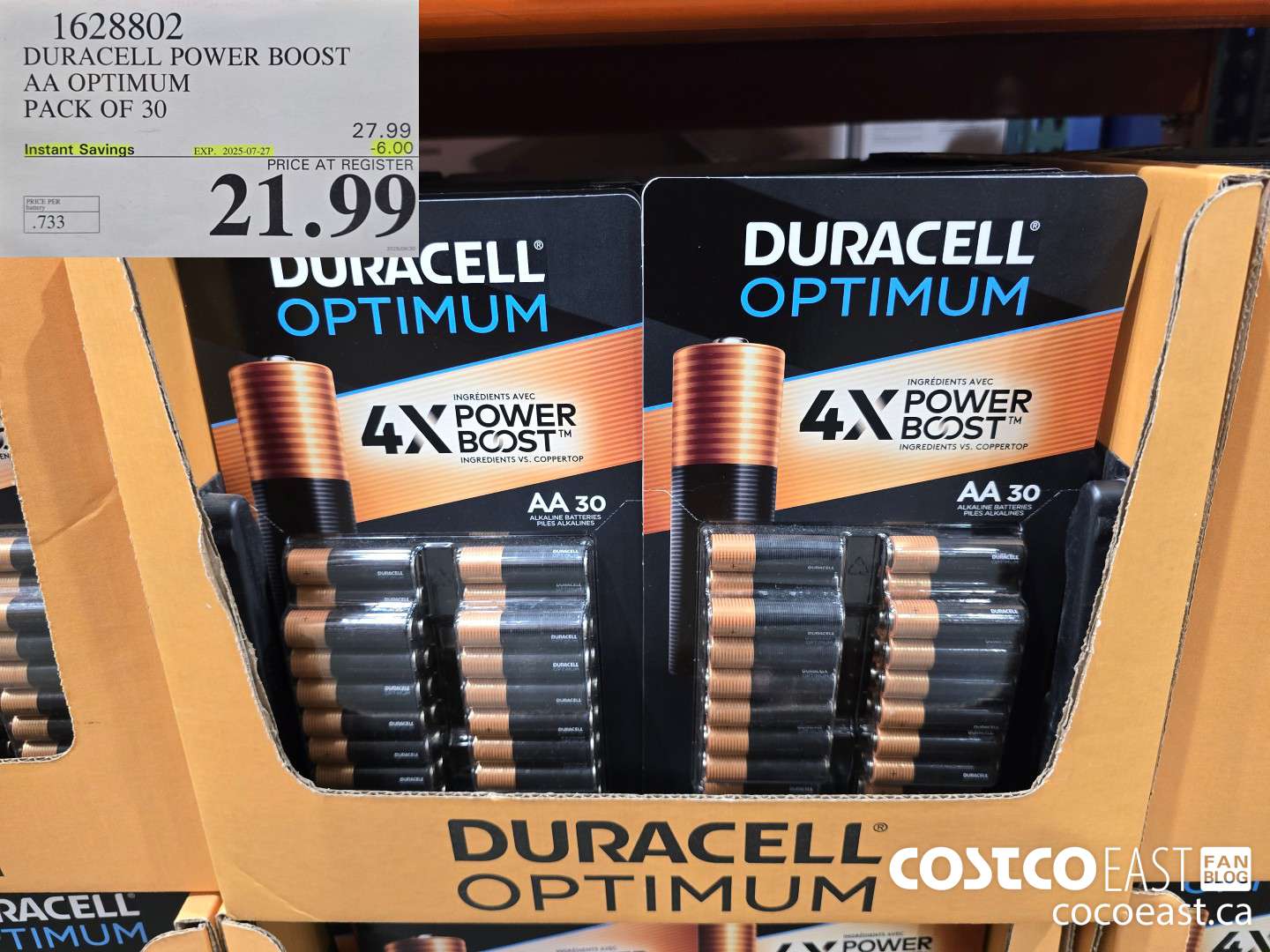 1628802 DURACELL POWER BOOST AA OPTIMUM PACK OF 30 ($6.00 INSTANT SAVINGS EXPIRES ON 2025-07-27) $21.99