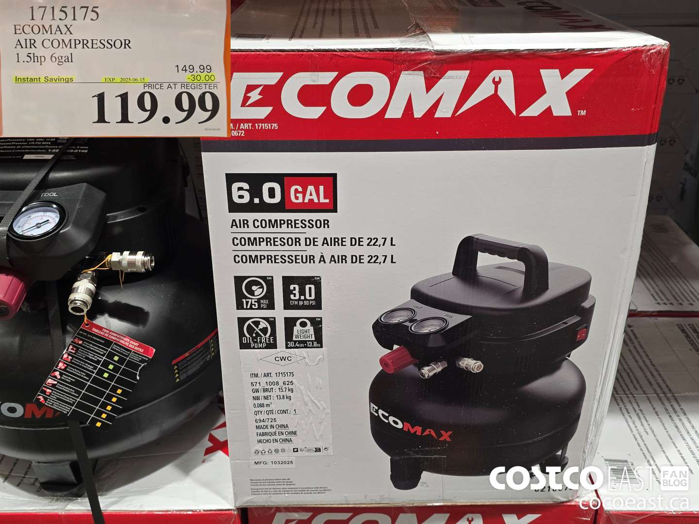 1715175 ECOMAX AIR COMPRESSOR 1.5hp 6gal ($30.00 INSTANT SAVINGS EXPIRES ON 2025-06-15) $119.99
