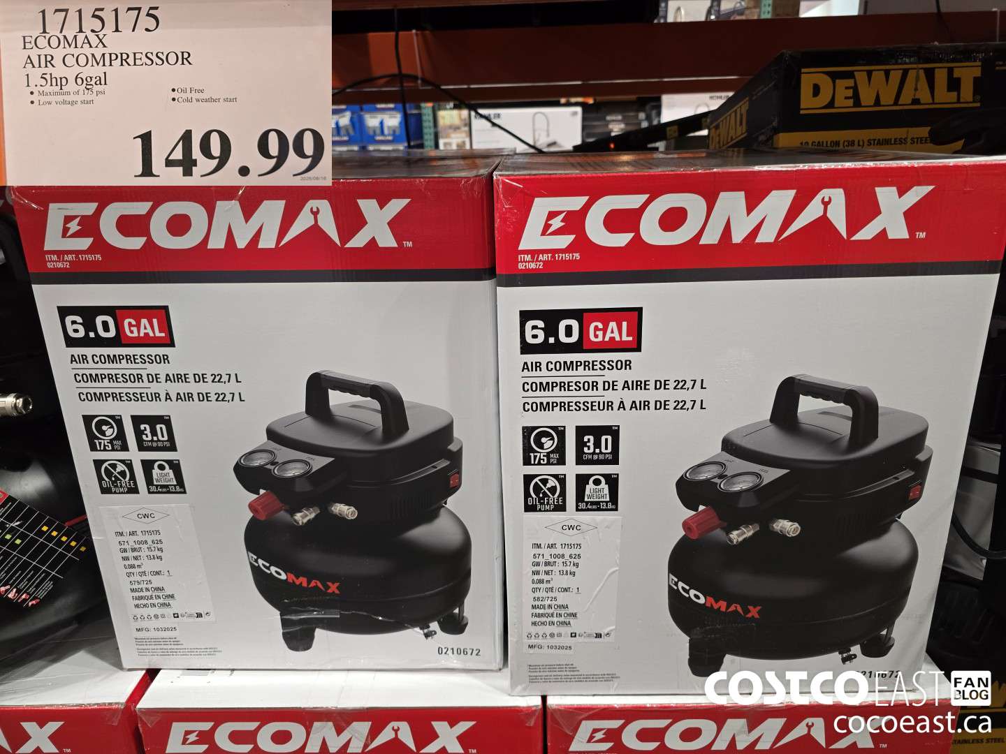 1715175 ECOMAX AIR COMPRESSOR 1.5hp 6gal $149.99