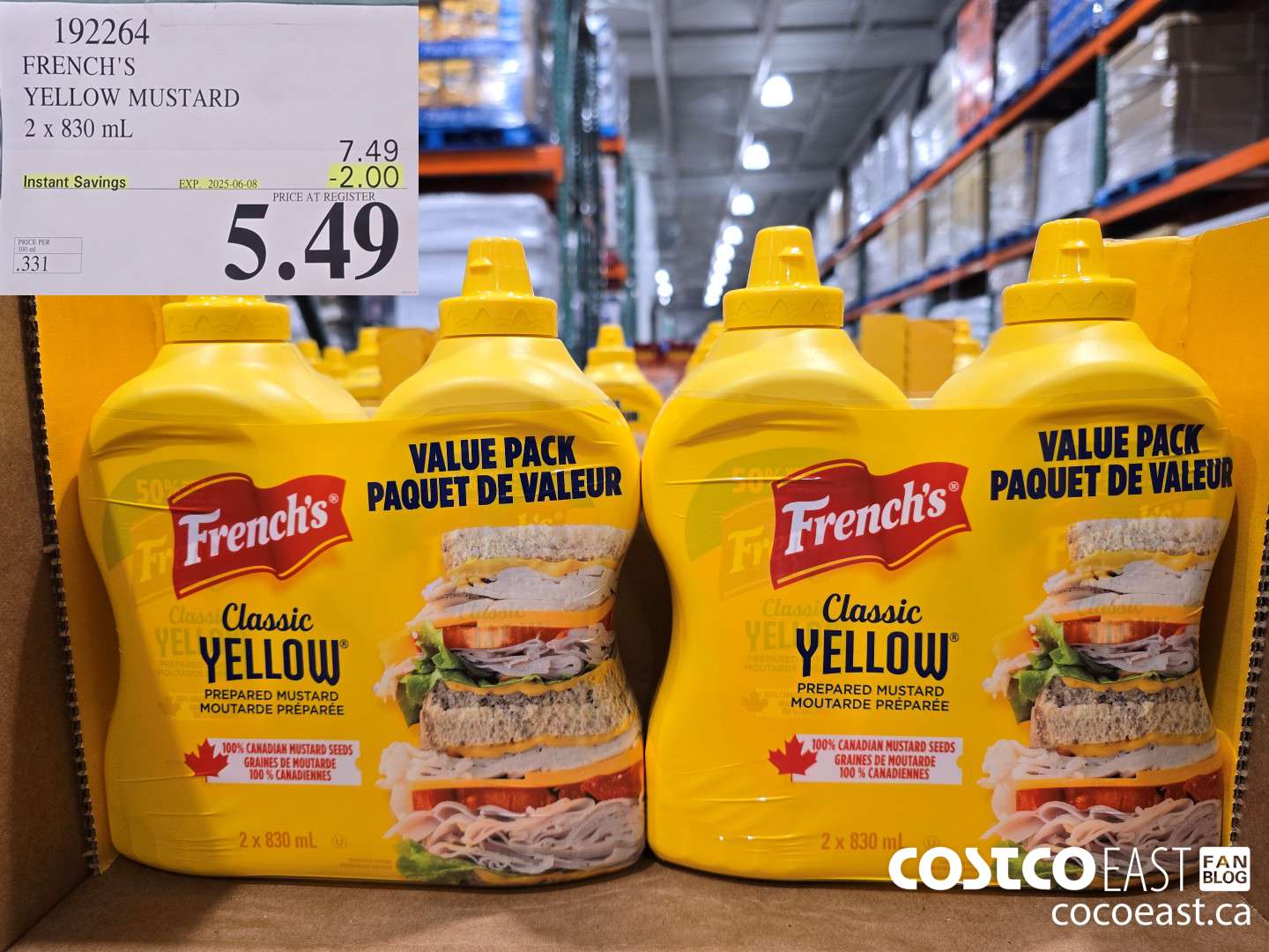 192264 FRENCH'S YELLOW MUSTARD 2 X 830 ML ($2.00 INSTANT SAVINGS EXPIRES ON 2025-06-08) $5.49
