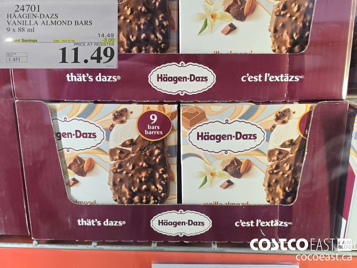 24701 HAAGAN-DAZS VANILLA ALMOND BARS 9 X 88 ML ($3.00 INSTANT SAVINGS EXPIRES ON 2025-07-06) $11.49