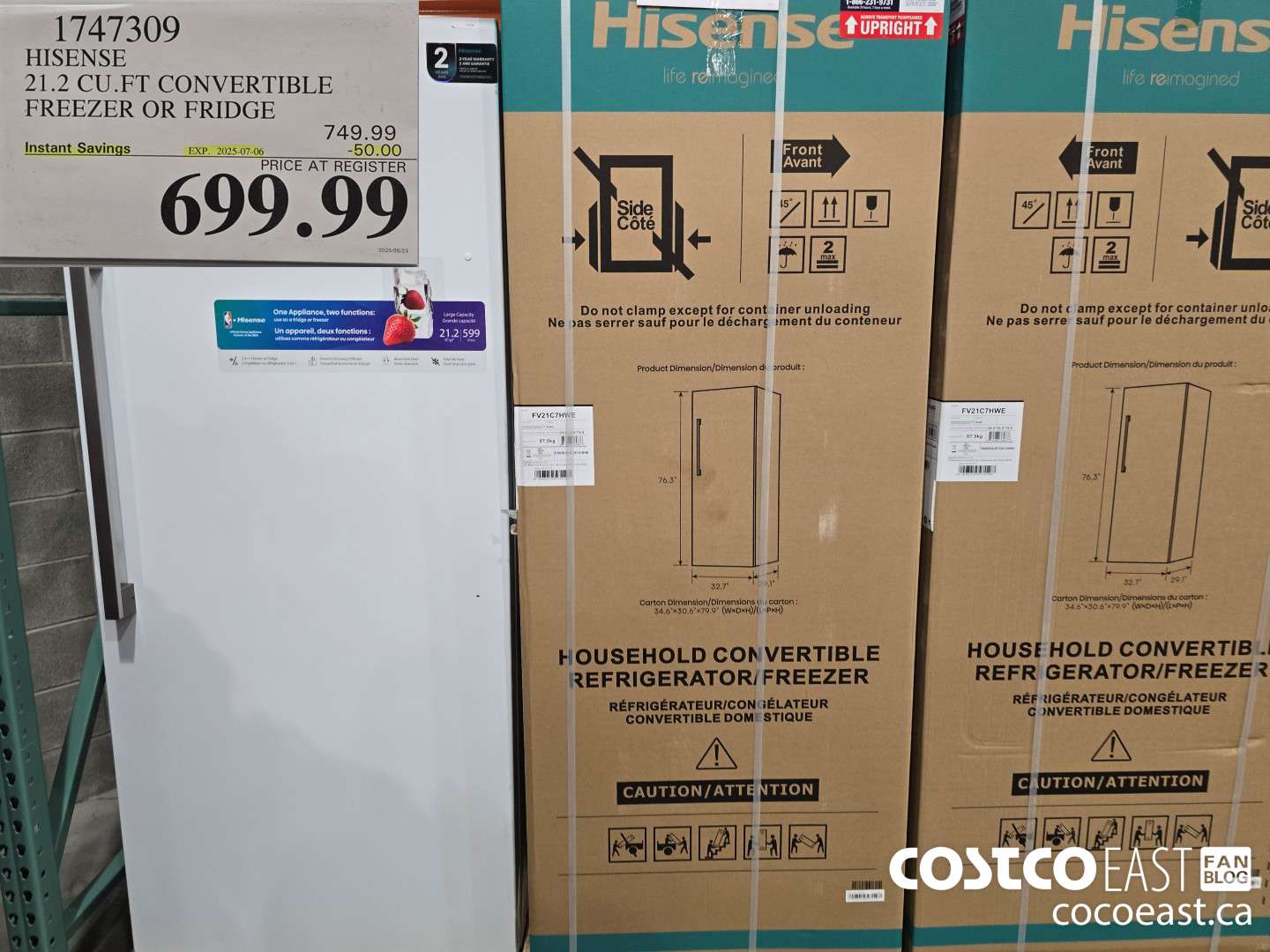 1747309 HISENSE 21.2 CU.FT CONVERTIBLE FREEZER OR FRIDGE ($50.00 INSTANT SAVINGS EXPIRES ON 2025-07-06) $699.99