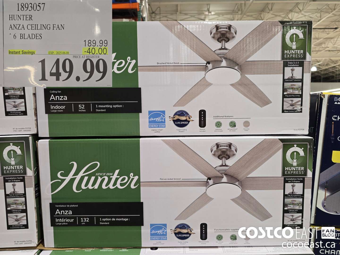1893057 HUNTER ANZA CEILING FAN 6 BLADES ($40.00 INSTANT SAVINGS EXPIRES ON 2025-06-08) $149.99