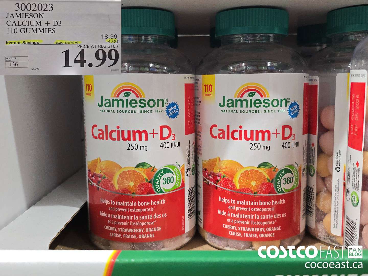 3002023 JAMIESON CALCIUM 250MG+D3 400IU 110 GUMMIES ($4.00 INSTANT SAVINGS EXPIRES ON 2025-07-06) $14.99