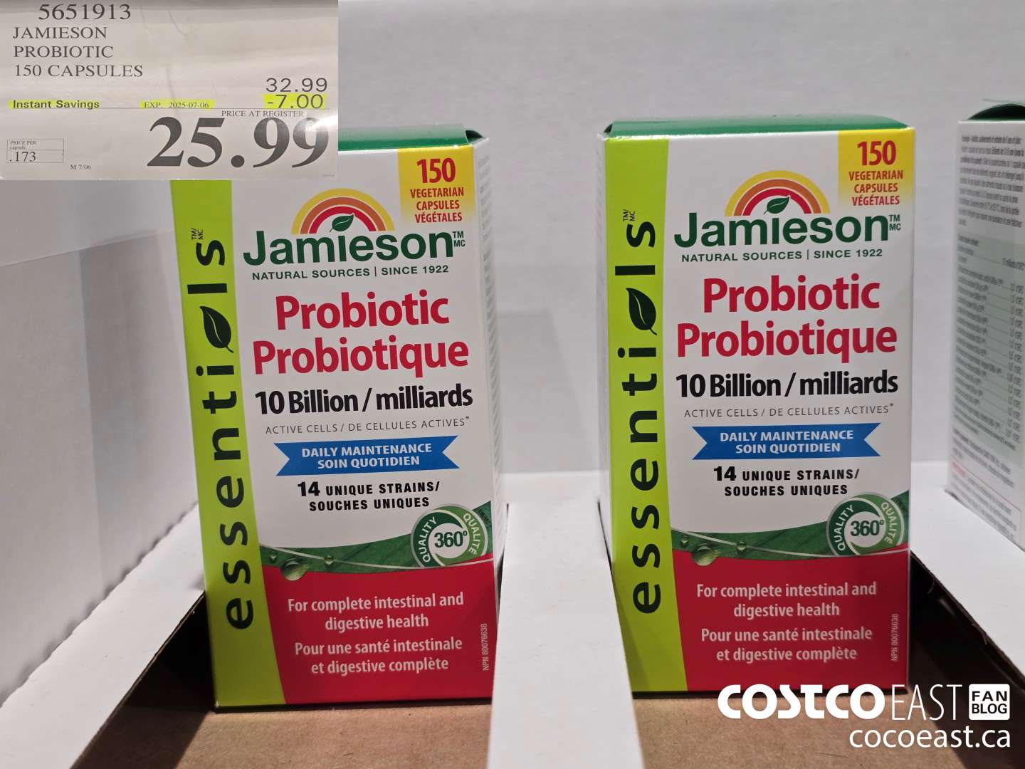 5651913 JAMIESON PROBIOTIC 10 BILLION 150 CAPSULES ($7.00 INSTANT SAVINGS EXPIRES ON 2025-07-06) $25.99
