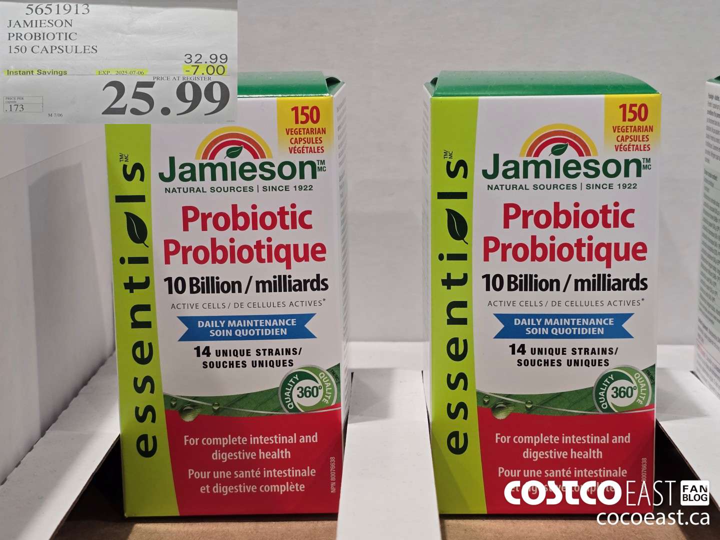 5651913 JAMIESON PROBIOTIC 10 BILLION 150 CAPSULES ($7.00 INSTANT SAVINGS EXPIRES ON 2025-07-06) $25.99