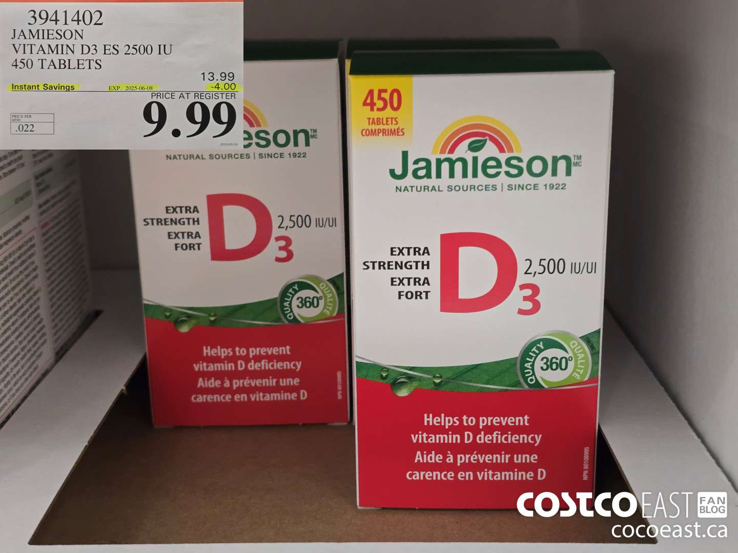 3941402 JAMIESON VITAMIN D3 2500IU 450 TABLETS ($4.00 INSTANT SAVINGS EXPIRES ON 2025-06-08) $9.99