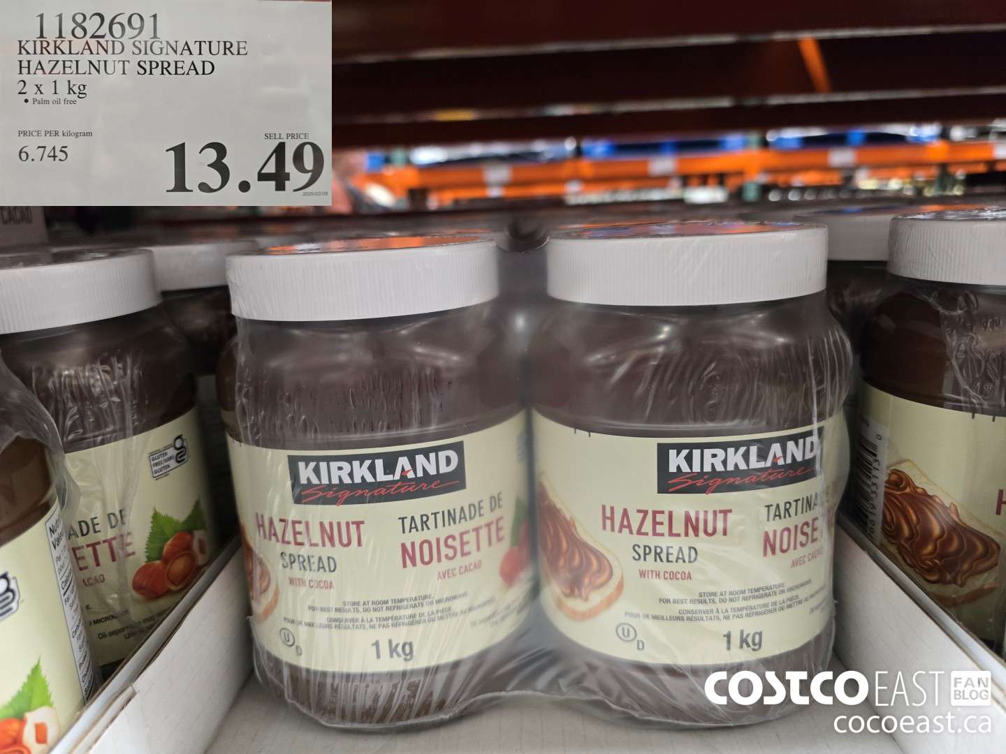 1182691 KIRKLAND SIGNATURE HAZELNUT SPREAD 2 X 1 KG $13.49