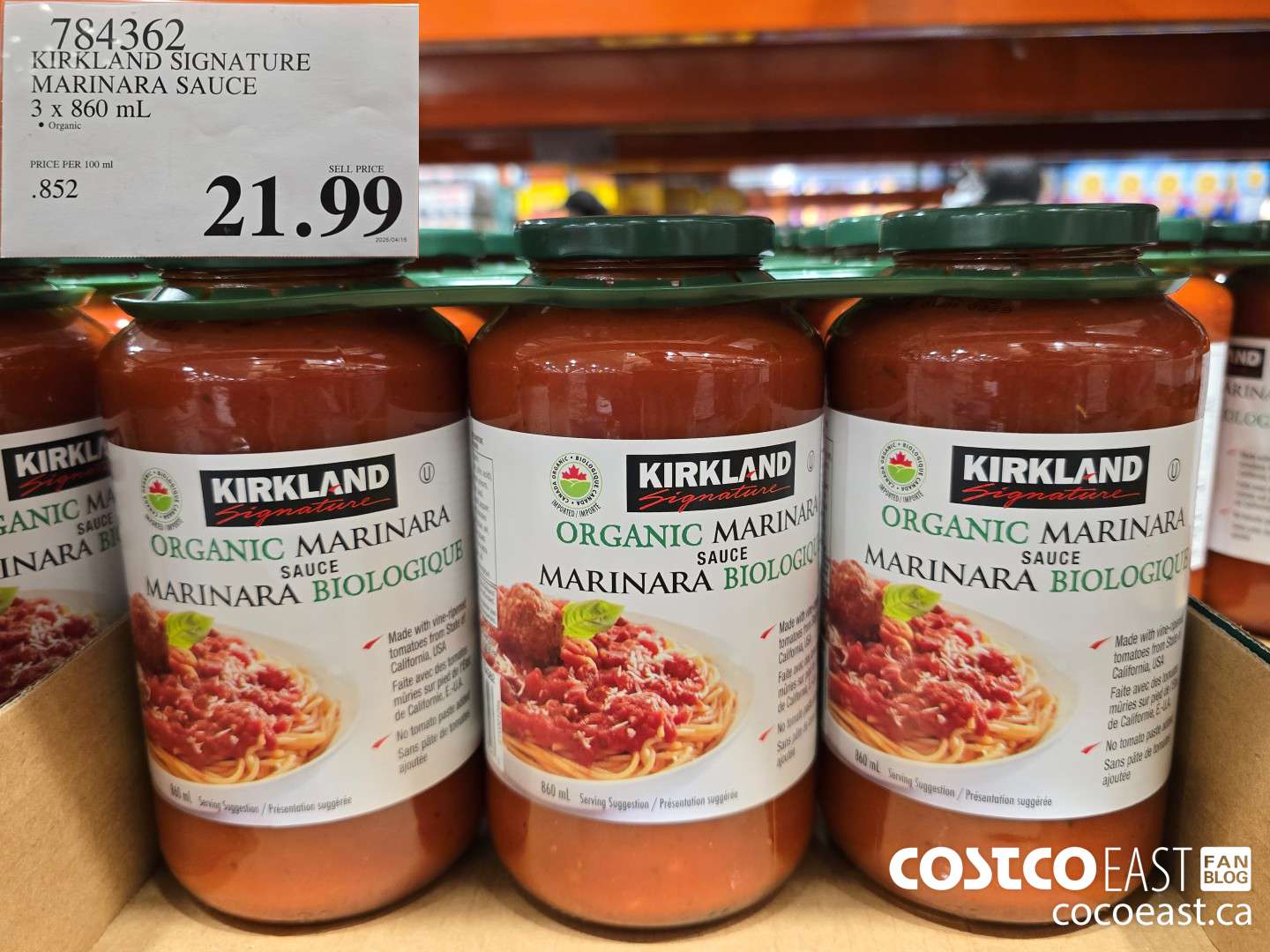 784362 KIRKLAND SIGNATURE MARINARA SAUCE 3 x 860 mL $21.99