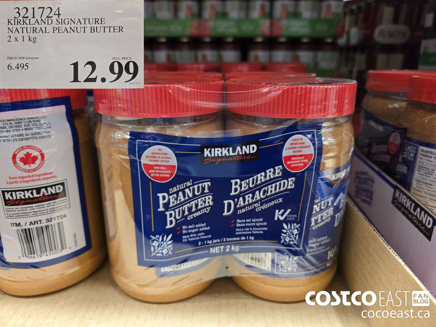 321724 KIRKLAND SIGNATURE NATURAL PEANUT BUTTER 2 X 1 KG $12.99