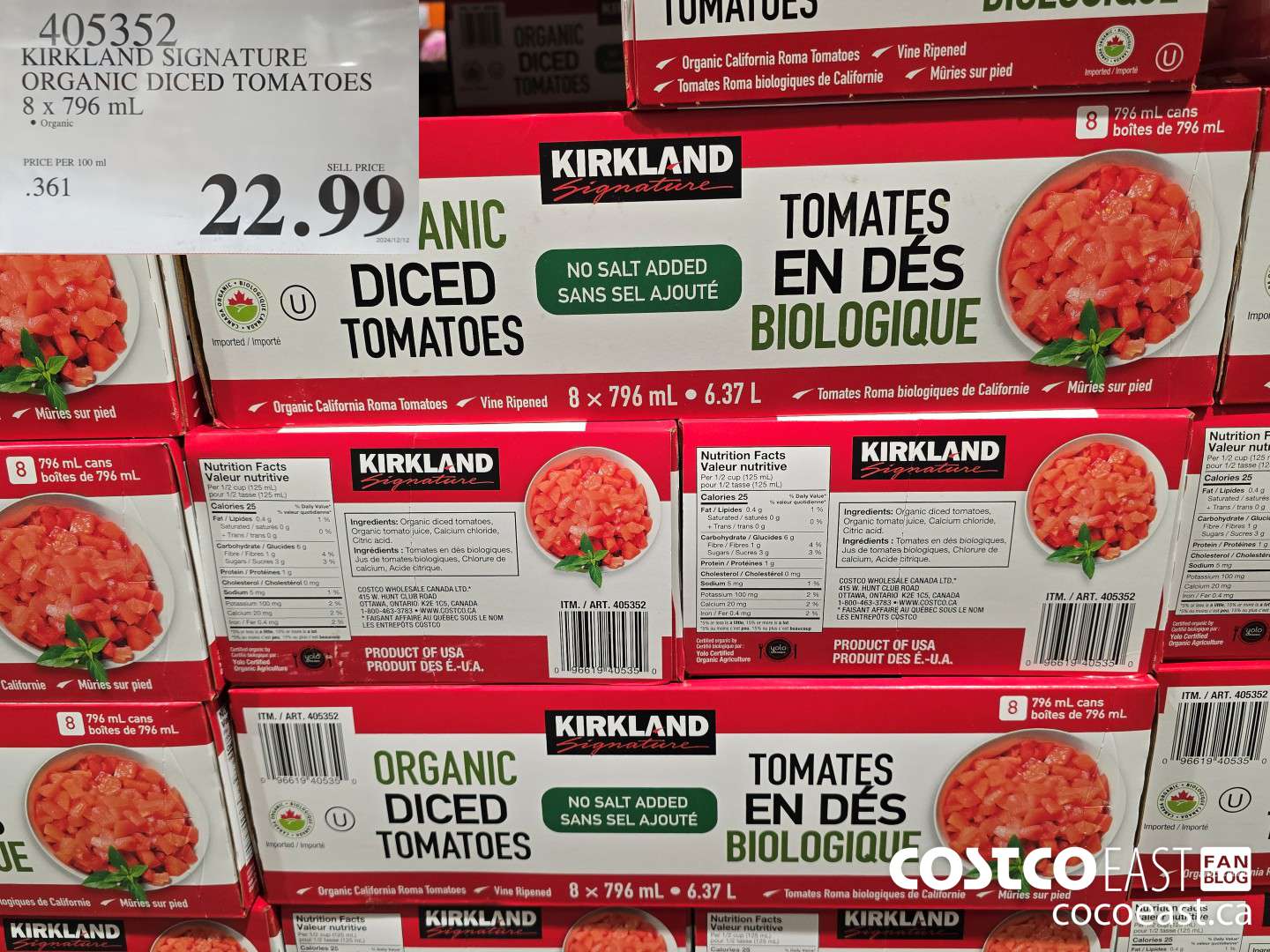 405352 KIRKLAND SIGNATURE ORGANIC DICED TOMATOES 8 x 796 mL $22.99