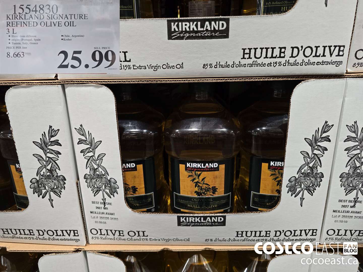 1554830 KIRKLAND SIGNATURE REFINED OLIVE OIL 3L $25.99