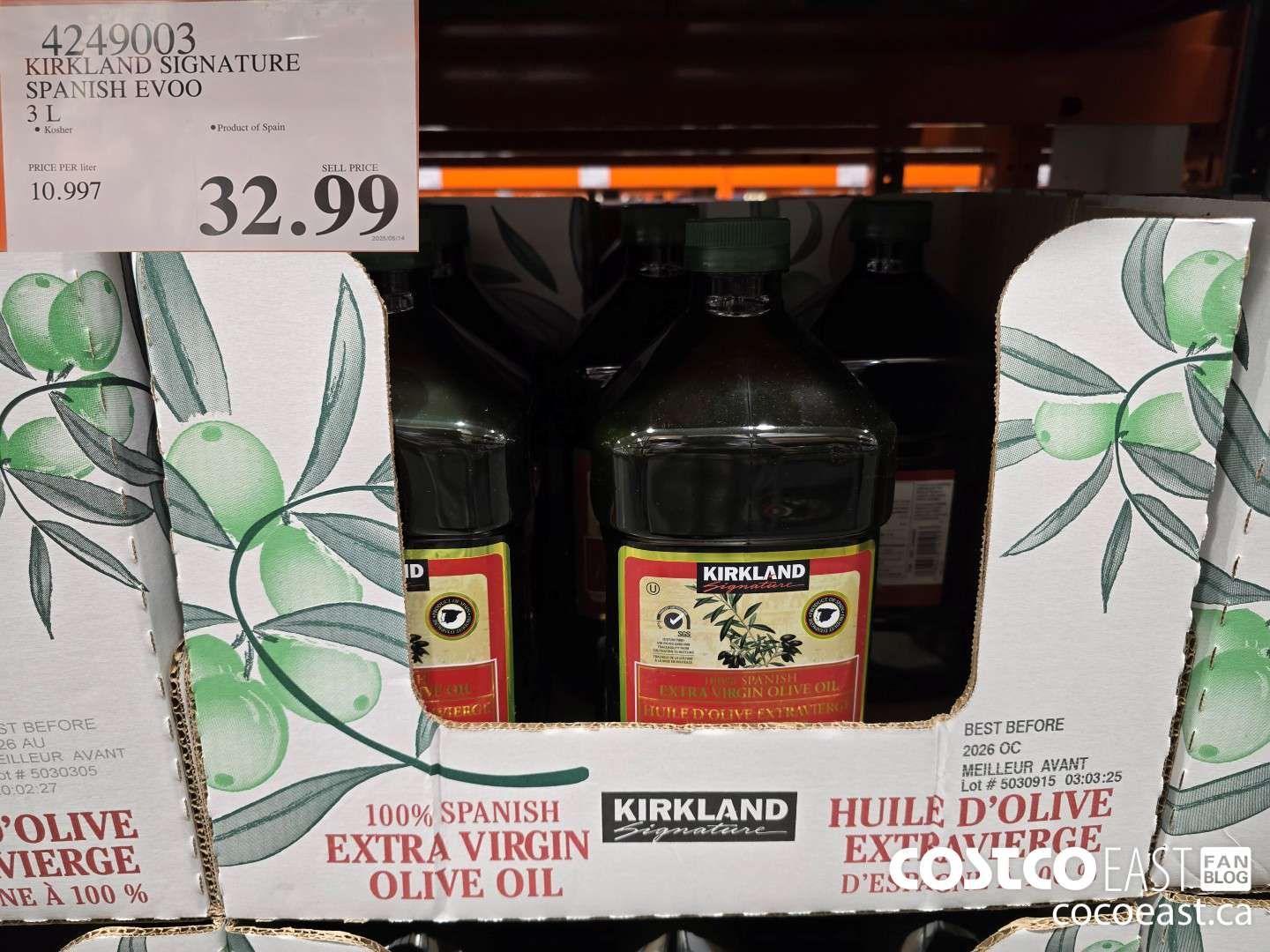 4249003 KIRKLAND SIGNATURE SPANISH EVOO 3 L $32.99