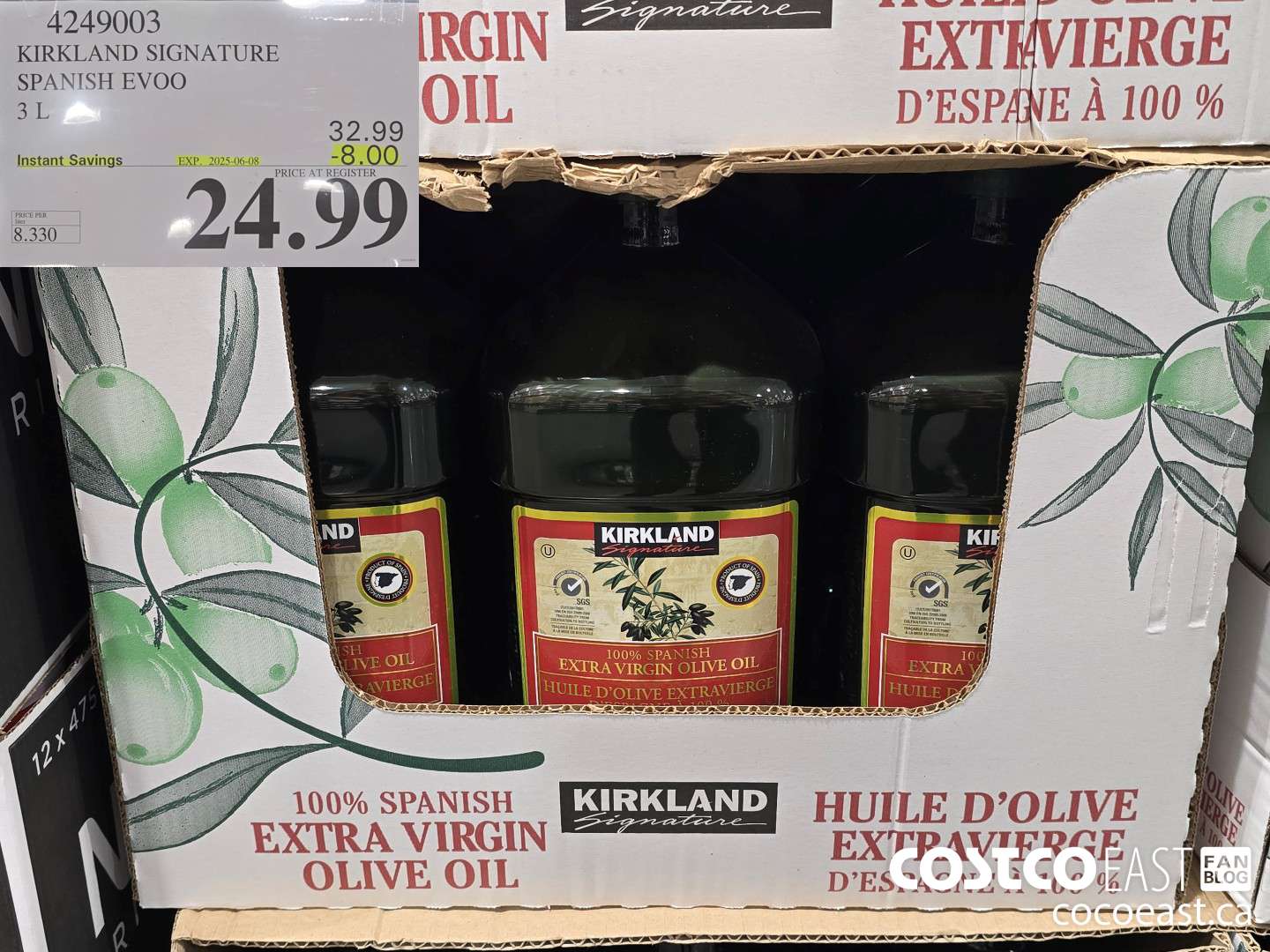 4249003 KIRKLAND SIGNATURE SPANISH EVOO 3 L ($8.00 INSTANT SAVINGS EXPIRES ON 2025-06-08) $24.99