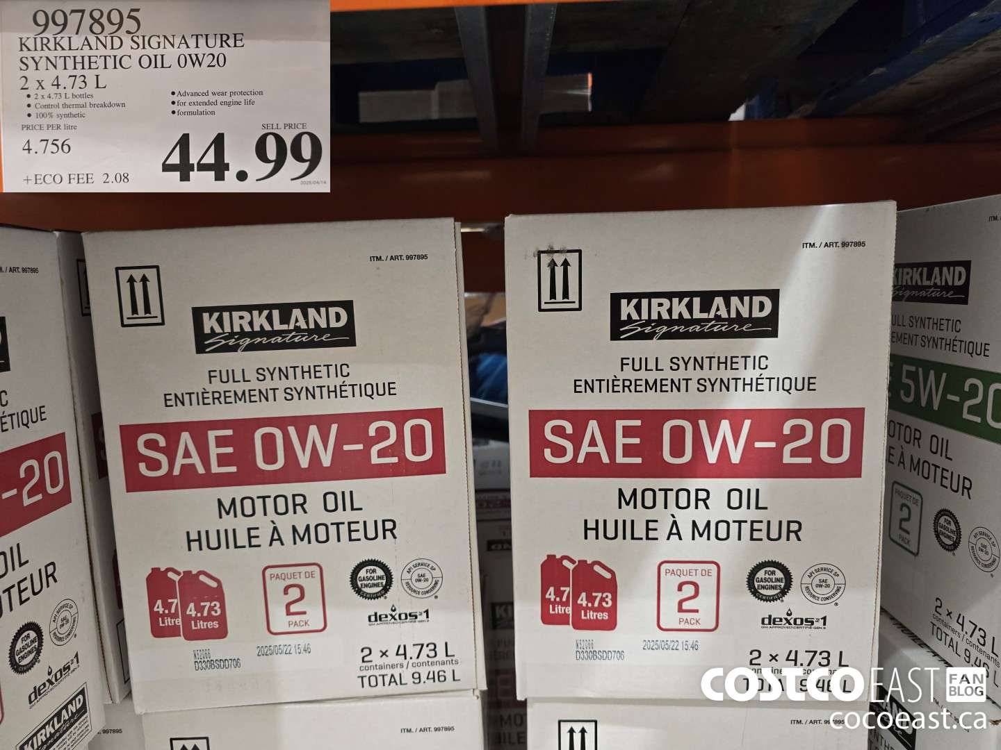 997895 KIRKLAND SIGNATURE SYNTHETIC OIL 0W20 2 X 4.73L $44.99