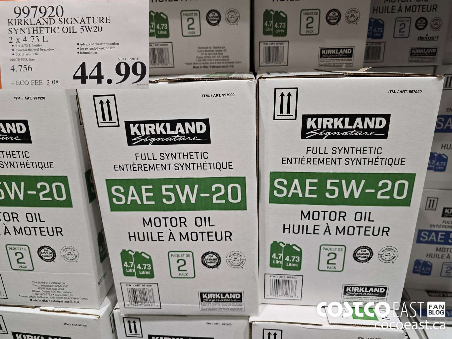 997920 KIRKLAND SIGNATURE SYNTHETIC OIL 5W20 2 X 4.73L $44.99