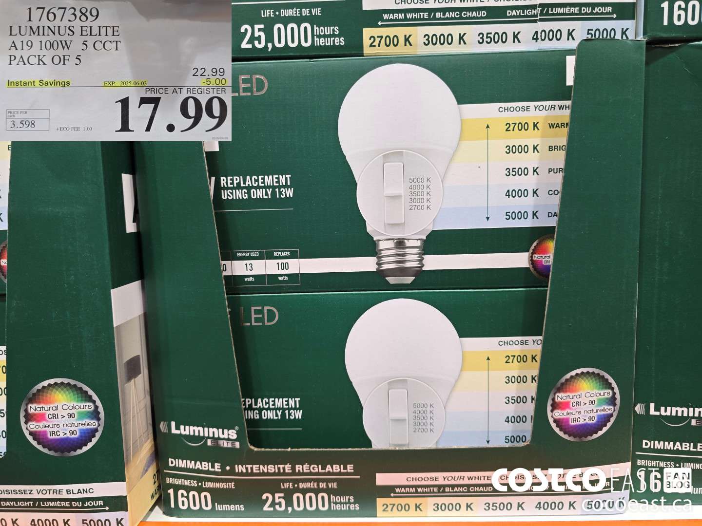 1767389 LUMINUS ELITE A19 100W 5 CCT PACK OF 5 ($5.00 INSTANT SAVINGS EXPIRES ON 2025-06-03) $17.99