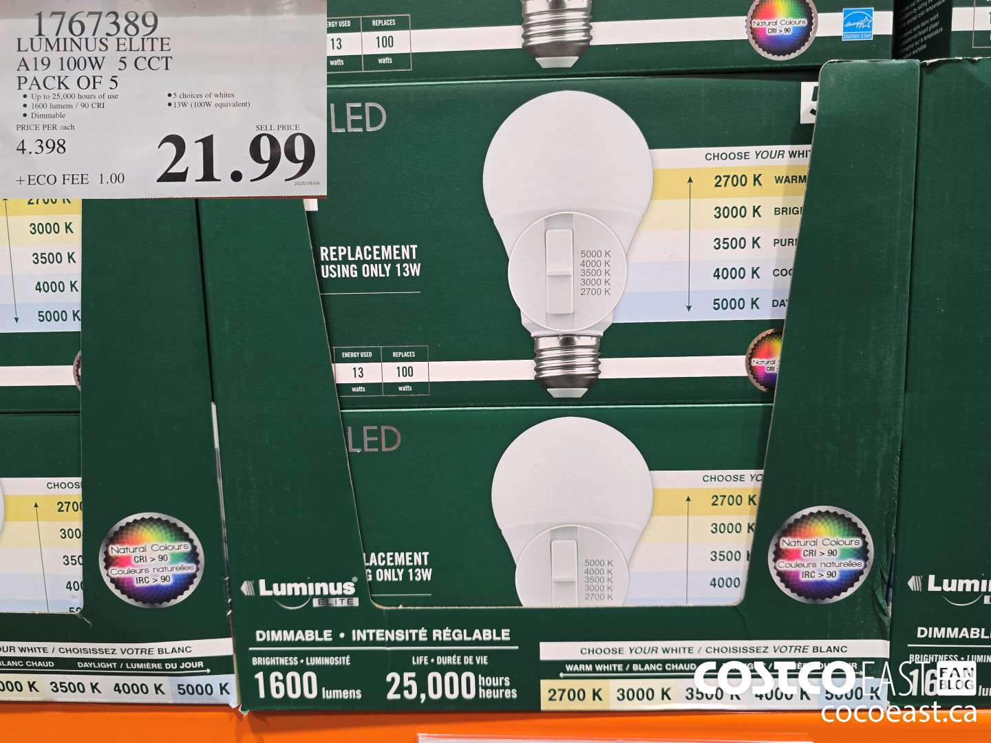 1767389 LUMINUS ELITE A19 100W 5 CCT PACK OF 5 $21.99