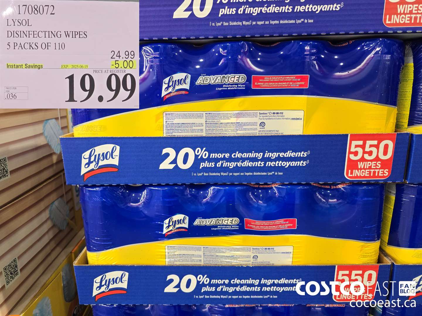 1708072 LYSOL DISINFECTING WIPES 5 PACKS OF 110 ($5.00 INSTANT SAVINGS EXPIRES ON 2025-06-15) $19.99