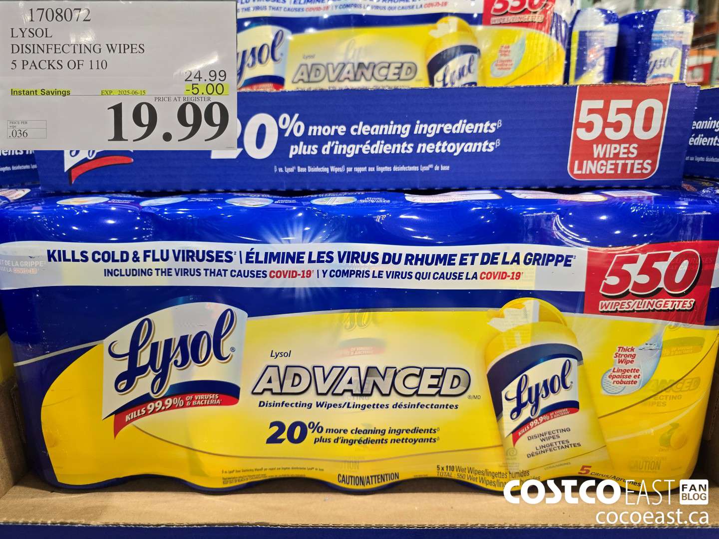 1708072 LYSOL DISINFECTING WIPES 5 PACKS OF 110 ($5.00 INSTANT SAVINGS EXPIRES ON 2025-06-15) $19.99