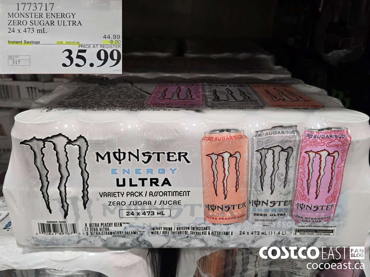 1773717 MONSTER ENERGY ZERO SUGAR ULTRA 24 X 473 ML ($9.00 INSTANT SAVINGS EXPIRES ON 2025-07-06) $35.99