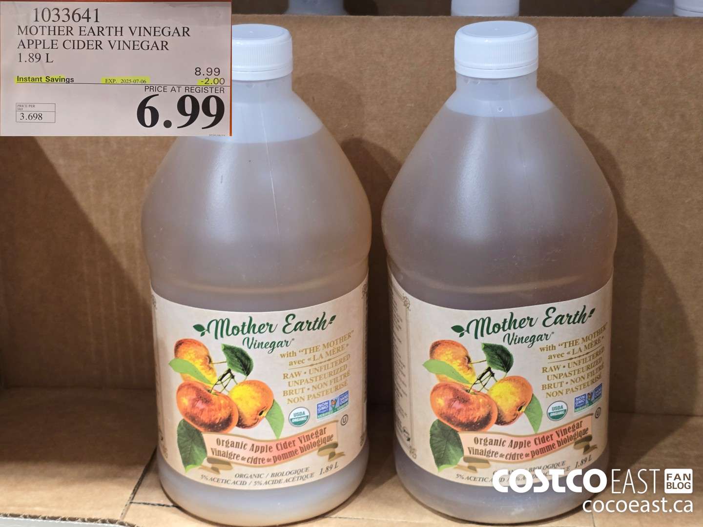 1033641 MOTHER EARTH VINEGAR APPLE CIDER VINEGAR 1.89 L ($2.00 INSTANT SAVINGS EXPIRES ON 2025-07-06) $6.99