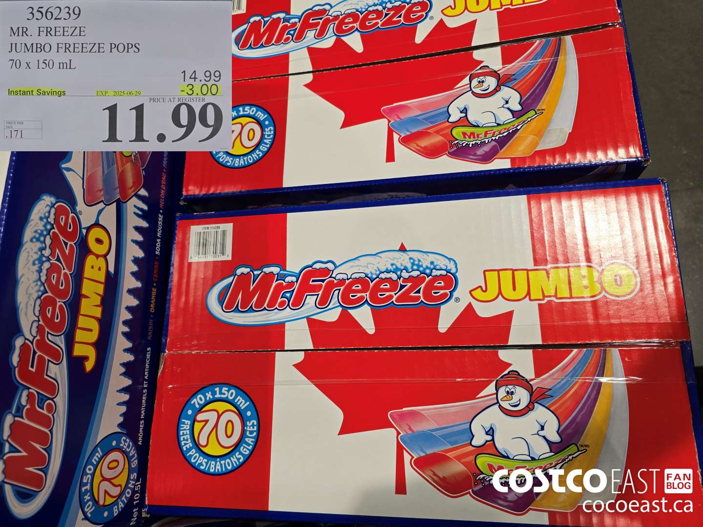 356239 MR. FREEZE JUMBO FREEZE POPS 70 x 150 mL ($3.00 INSTANT SAVINGS EXPIRES ON 2025-06-29) $11.99
