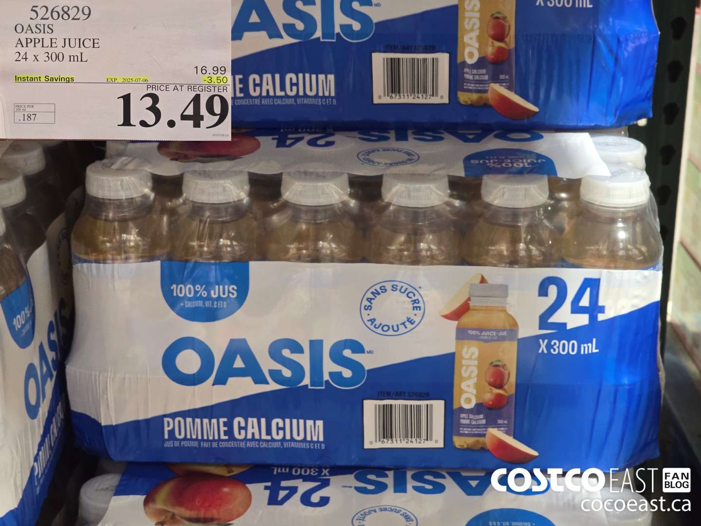 526829 OASIS APPLE JUICE 24 X 300 ML ($3.50 INSTANT SAVINGS EXPIRES ON 2025-07-06) $13.49