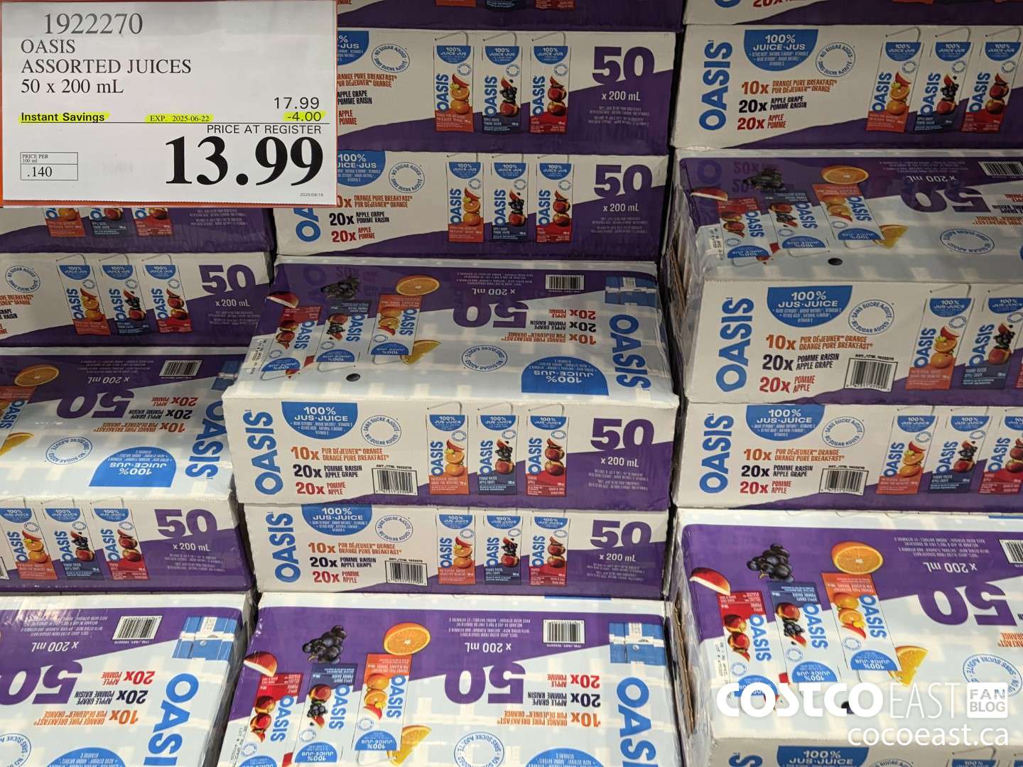 1922270 OASIS ASSORTED JUICES 50 x 200 mL  ($4.00 INSTANT SAVINGS EXPIRES ON 2025-06-22) $13.99