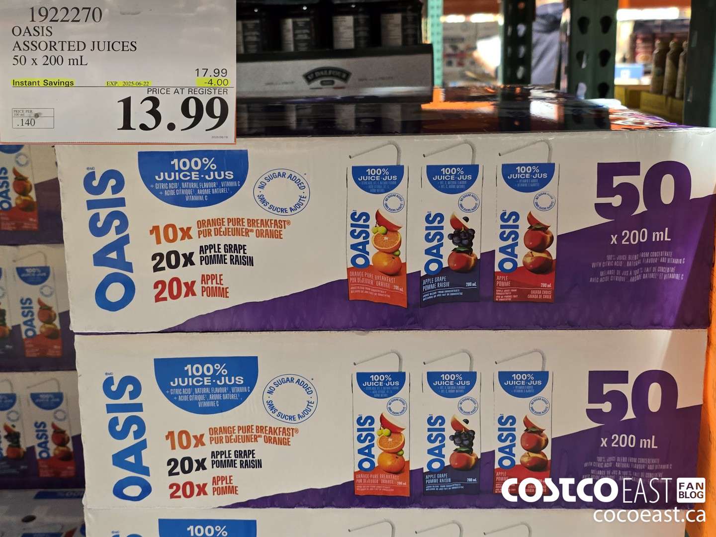 1922270 OASIS ASSORTED JUICES 50 x 200 mL  ($4.00 INSTANT SAVINGS EXPIRES ON 2025-06-22) $13.99
