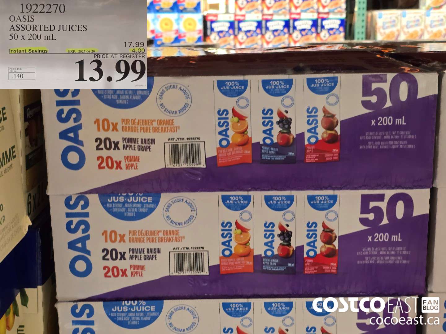 1922270 OASIS ASSORTED JUICES 50 x 200 mL  ($4.00 INSTANT SAVINGS EXPIRES ON 2025-06-29) $13.99