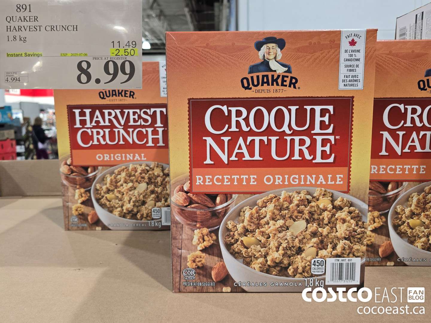 891 QUAKER HARVEST CRUNCH 1.8 kg  ($2.50 INSTANT SAVINGS EXPIRES ON 2025-07-06) $8.99