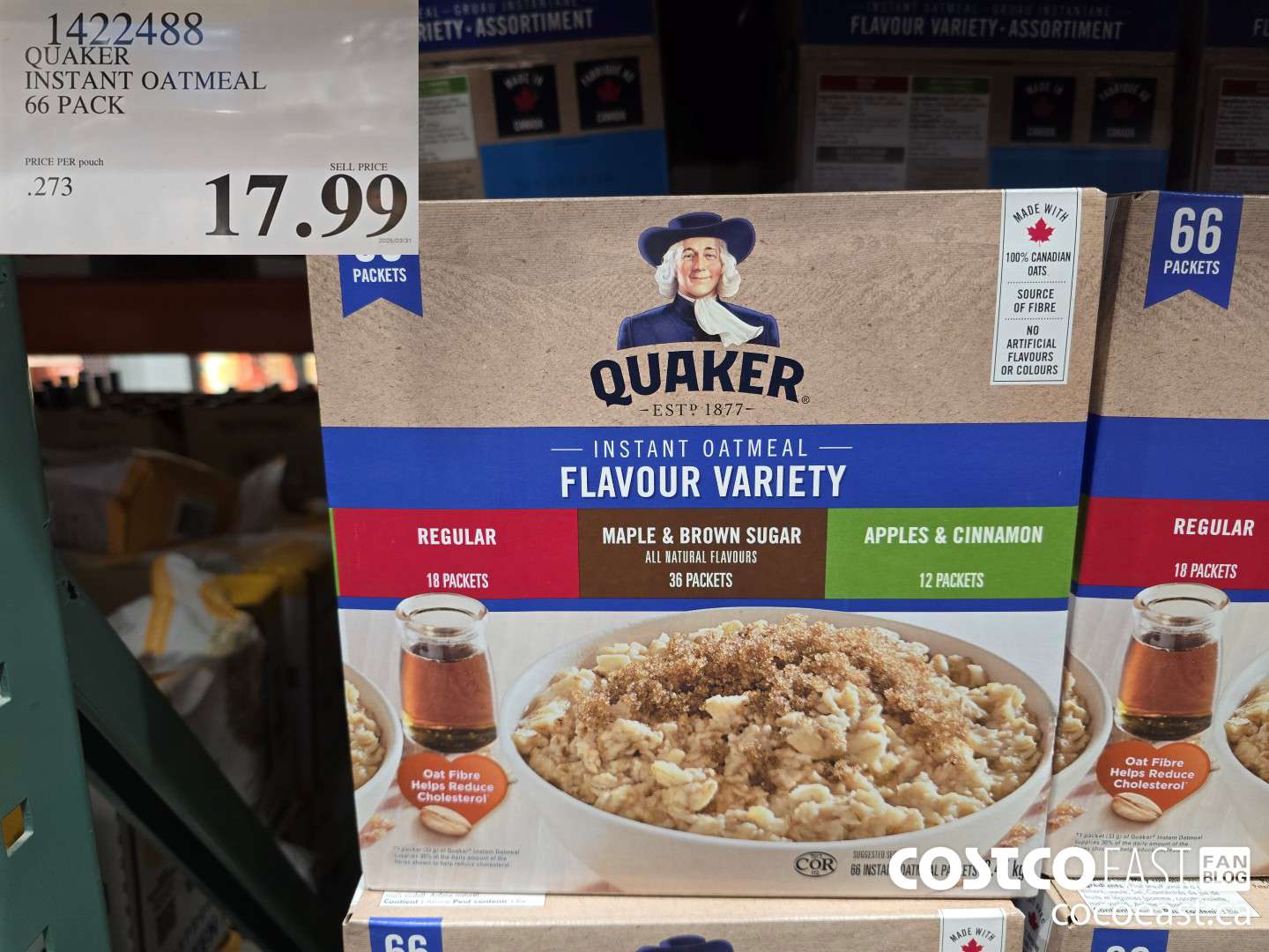 1422488 QUAKER INSTANT OATMEAL 66 PACK $17.99