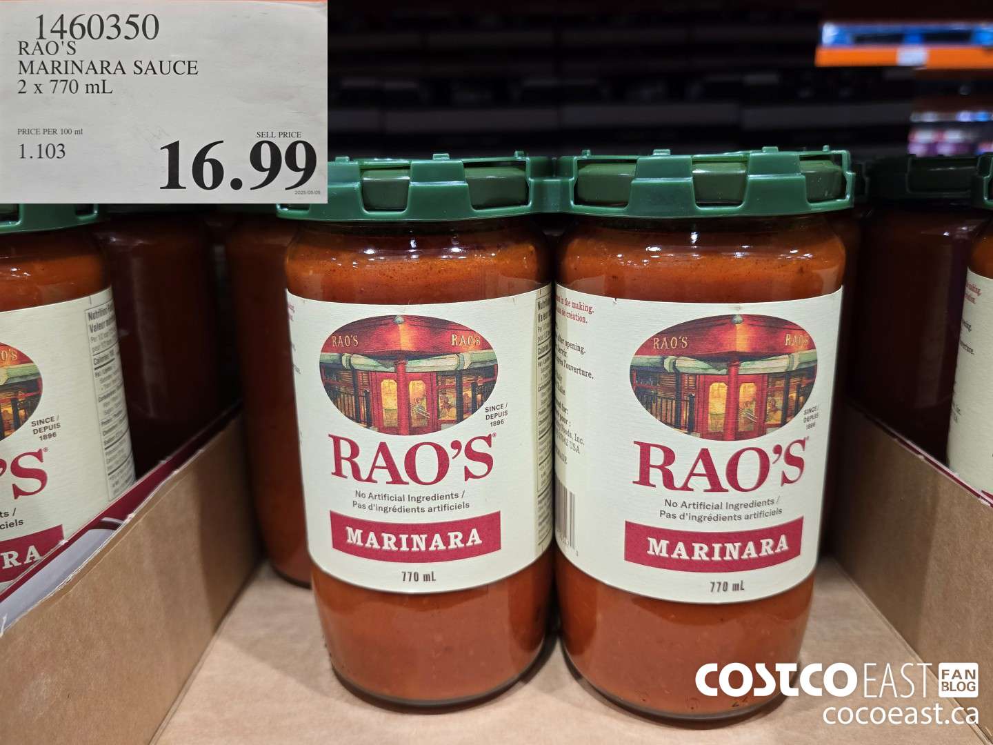 1460350 RAO'S MARINARA SAUCE 2 x 770 mL $16.99