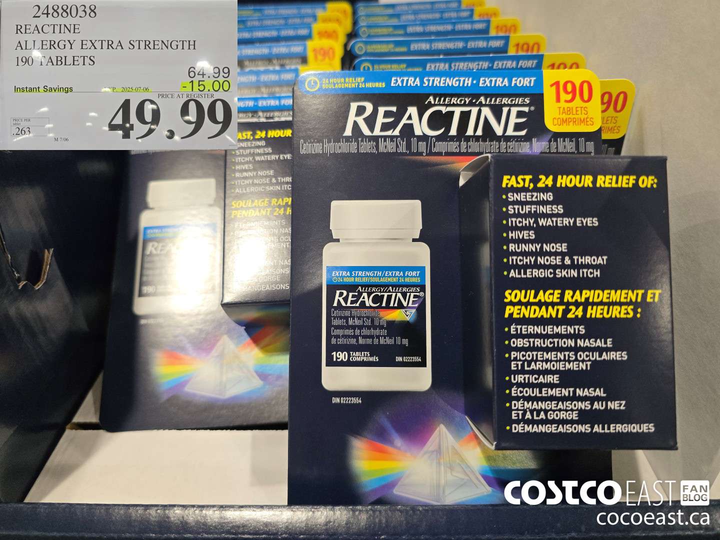 2488038 REACTINE ALLERGY EXTRA STRENGTH 190 TABLETS ($15.00 INSTANT SAVINGS EXPIRES ON 2025-07-06) $49.99