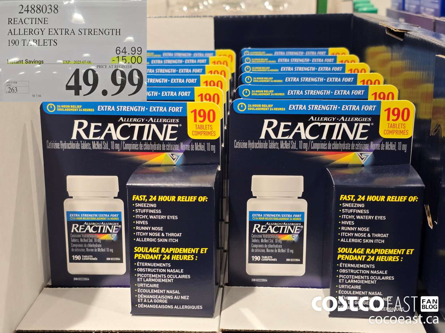 2488038 REACTINE ALLERGY EXTRA STRENGTH 190 TABLETS ($15.00 INSTANT SAVINGS EXPIRES ON 2025-07-06) $49.99