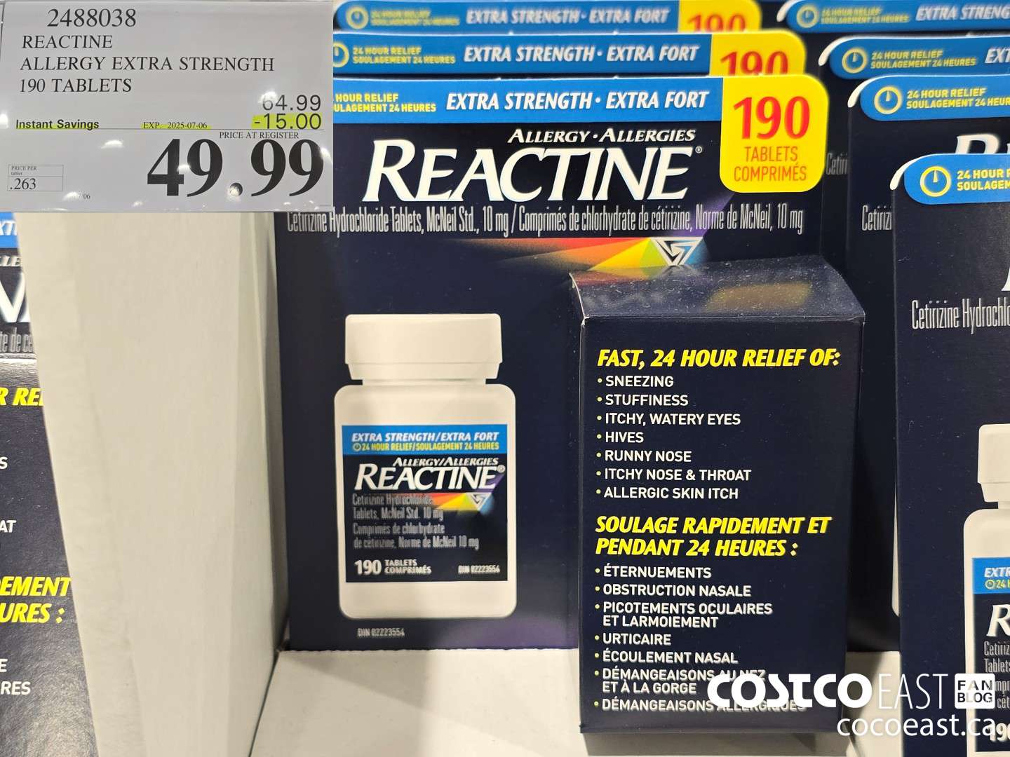 2488038 REACTINE ALLERGY EXTRA STRENGTH 190 TABLETS ($15.00 INSTANT SAVINGS EXPIRES ON 2025-07-06) $49.99