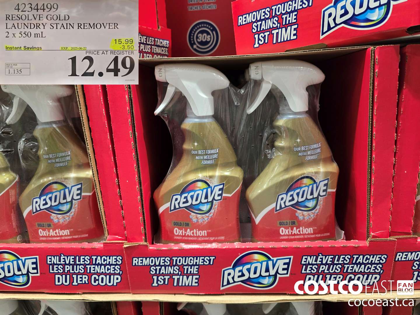 4234499 RESOLVE GOLD LAUNDRY STAIN REMOVER 2 x 550 mL ($3.50 INSTANT SAVINGS EXPIRES ON 2025-06-22) $12.49