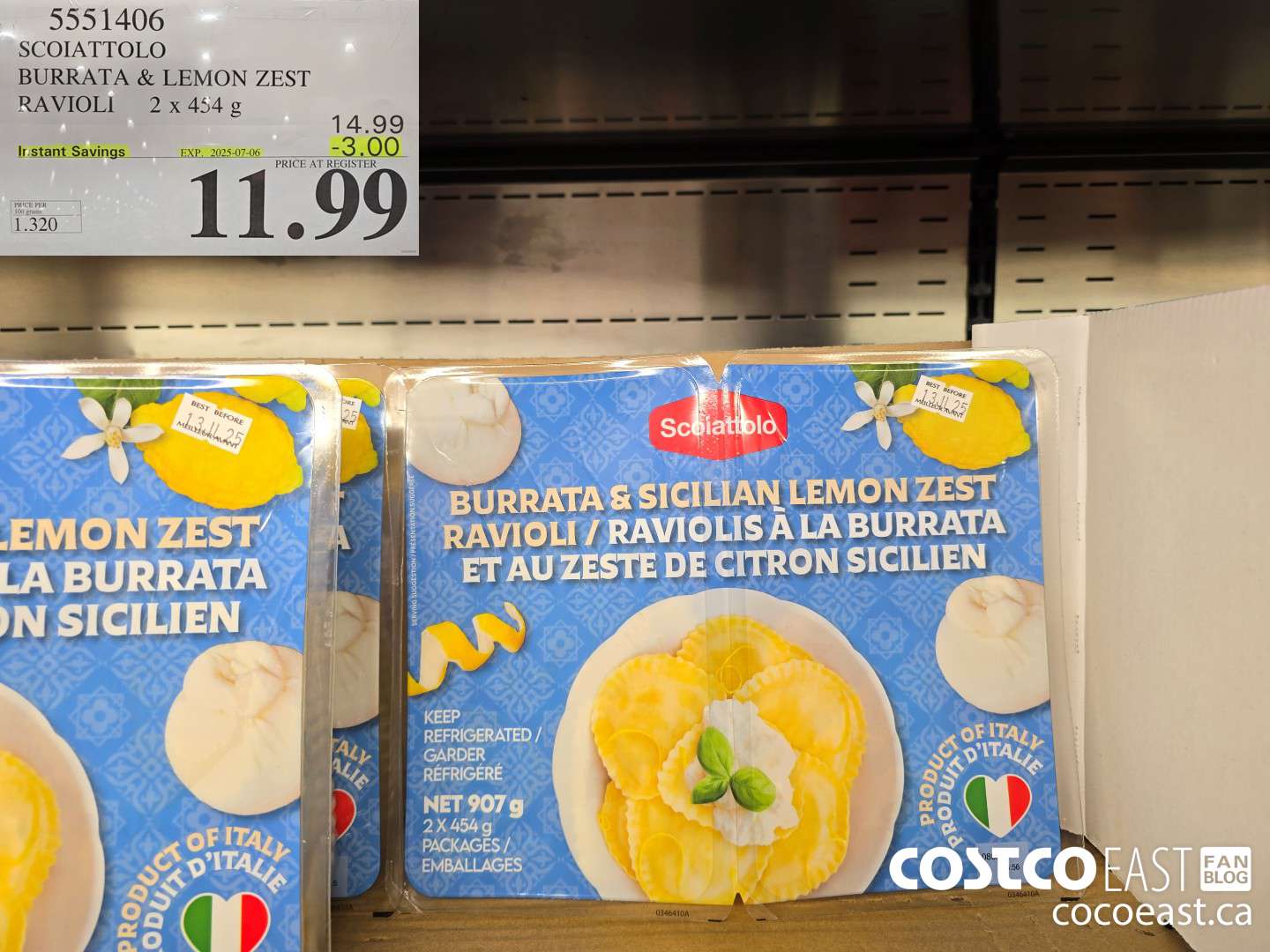 5551406 SCOIATTOLO BURRATA & LEMON ZEST RAVIOLI 2 x 454 G ($3.00 INSTANT SAVINGS EXPIRES ON 2025-07-06) $11.99